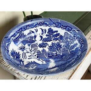 Vintage Chippy Blue Willow Oval Serving Bowl Great Vintage Charm 11” x 8” Japan